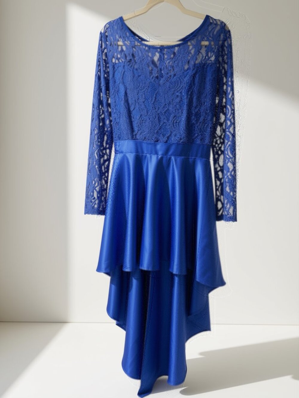 Royal Blue Lace & Satin High-Low Long Sleeve Formal Dress